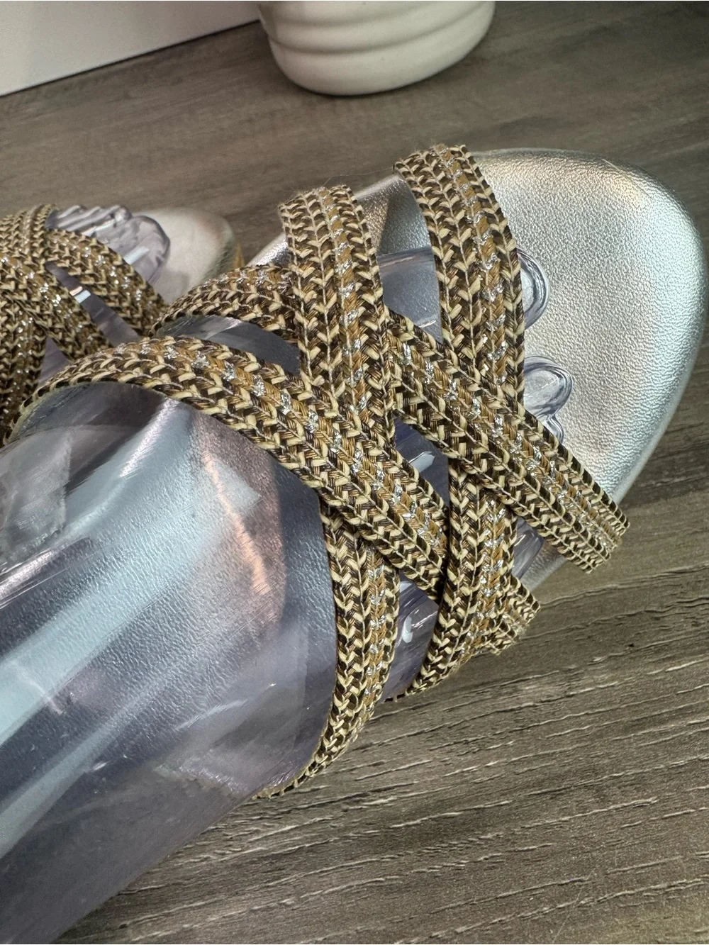 Eric Javits Raffia Metallic Braid cork wedge sandals size 7